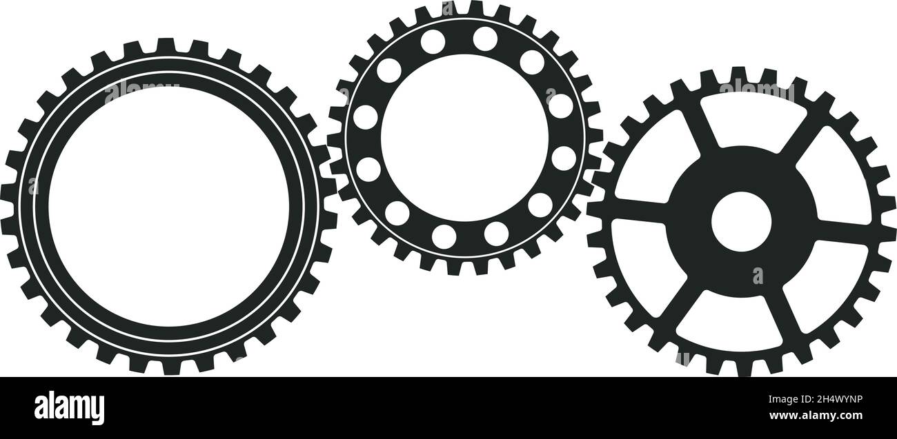 Gear working or cogwheel Symbol on isolated white background. Three Thoothed black wheels in cooperation. Stock Vector