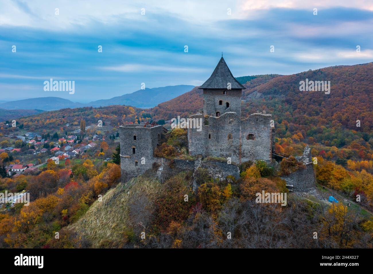 Splendid aerial view of the famous Castle of Somosko. Slovakian name is Šomoška hrad, Hungarian name is Somoskői vár. Stock Photo