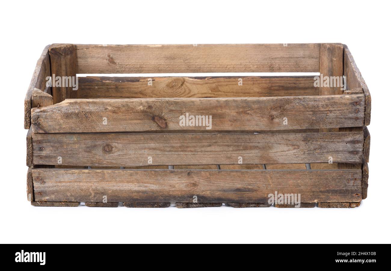 Wooden crate isolated on white background. Old empty vintage wood box. Stock Photo