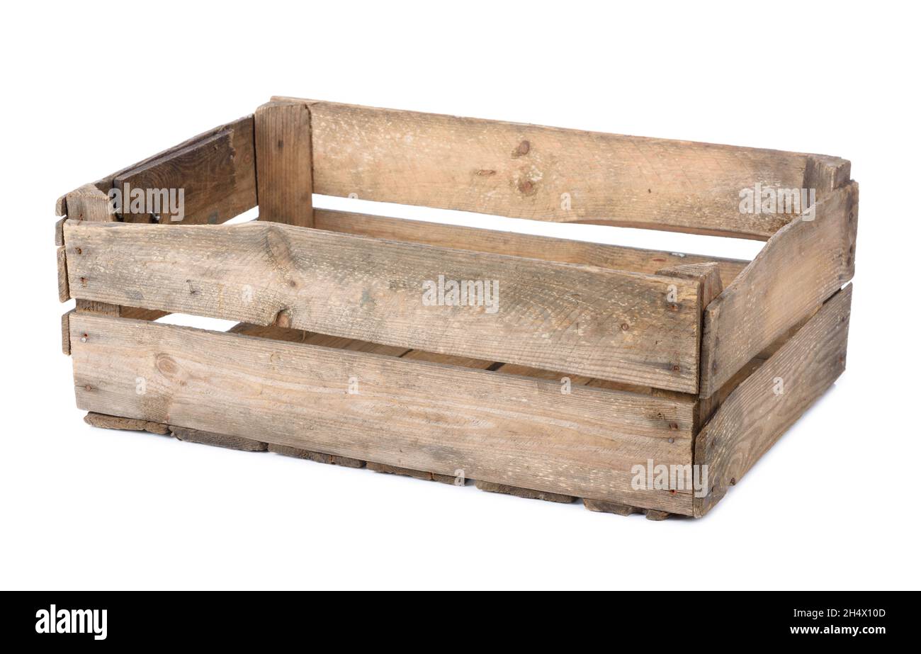 Wooden crate isolated on white background. Old empty vintage wood box. Stock Photo