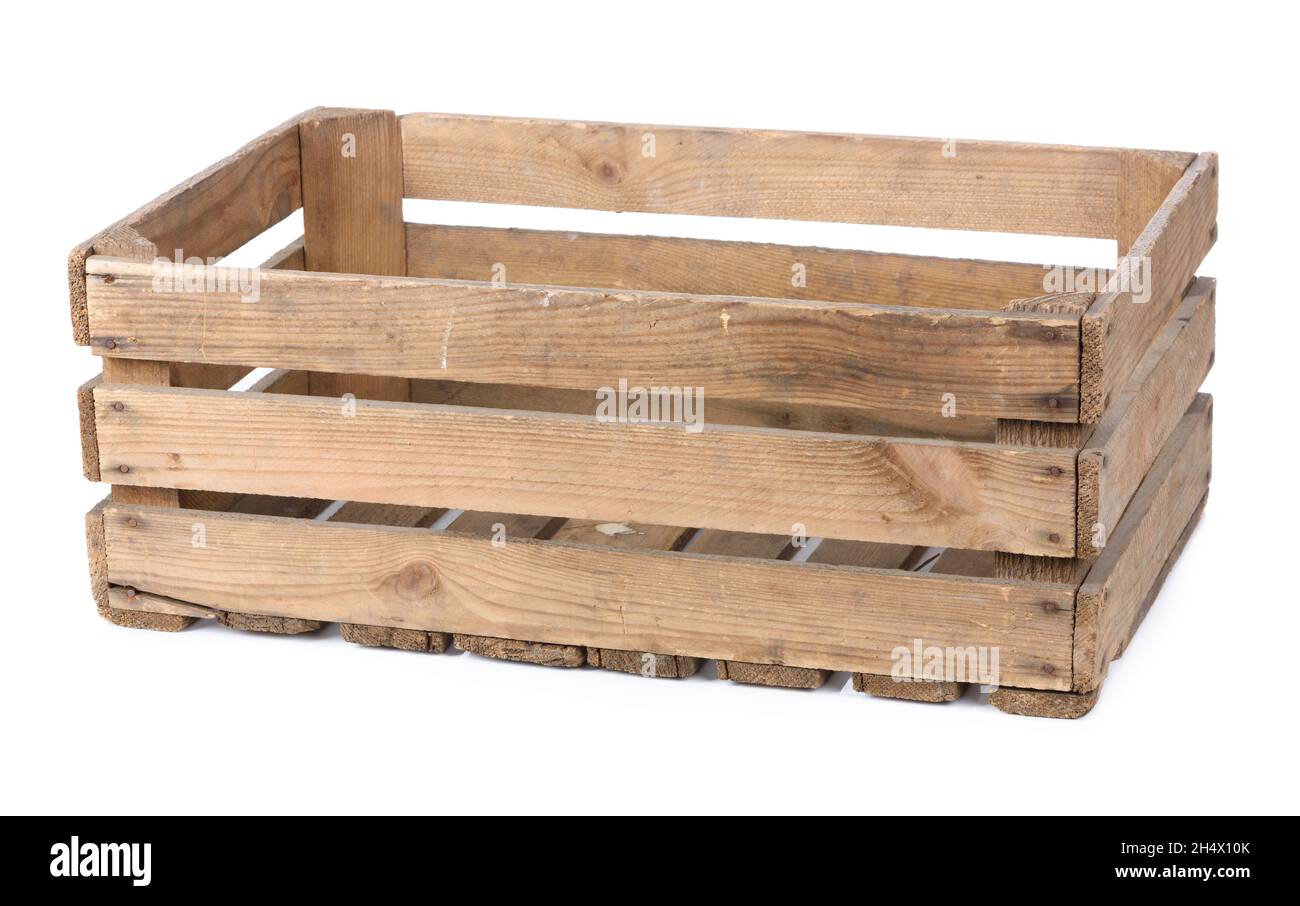 Wooden crate isolated on white background. Old empty vintage wood box. Stock Photo