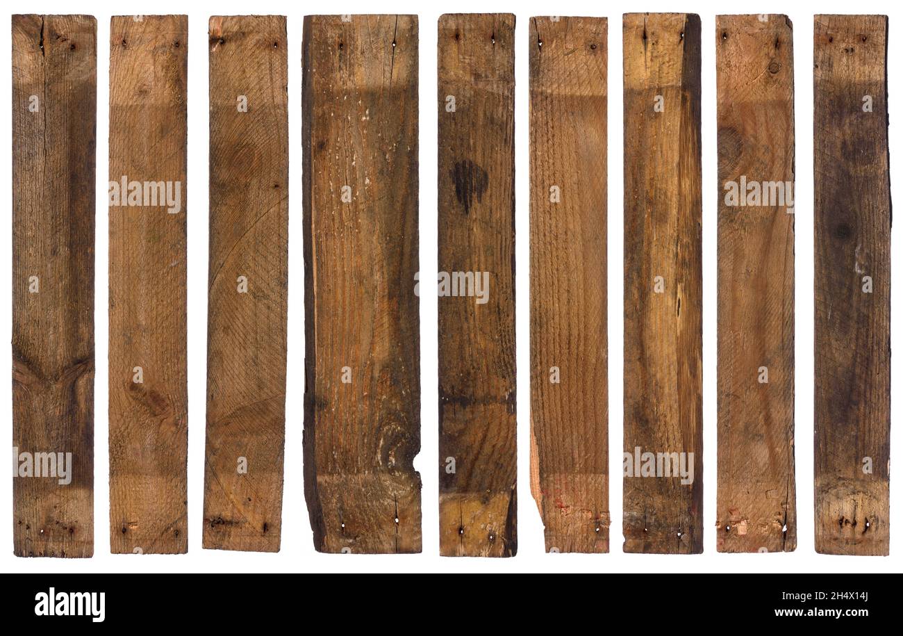 Old rustic barn wooden planks isolated on white background. Stock Photo