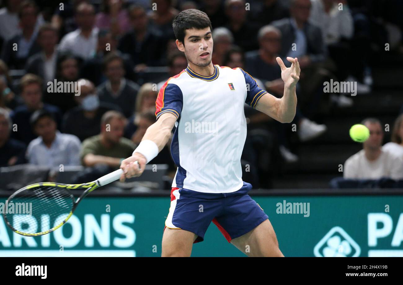 Carlos Alcaraz of Spain during the Rolex Paris Masters 2021, ATP Masters  1000 tennis tournament on November 4, 2021 at Accor Arena in Paris, France  - Photo Jean Catuffe / DPPI Stock Photo - Alamy