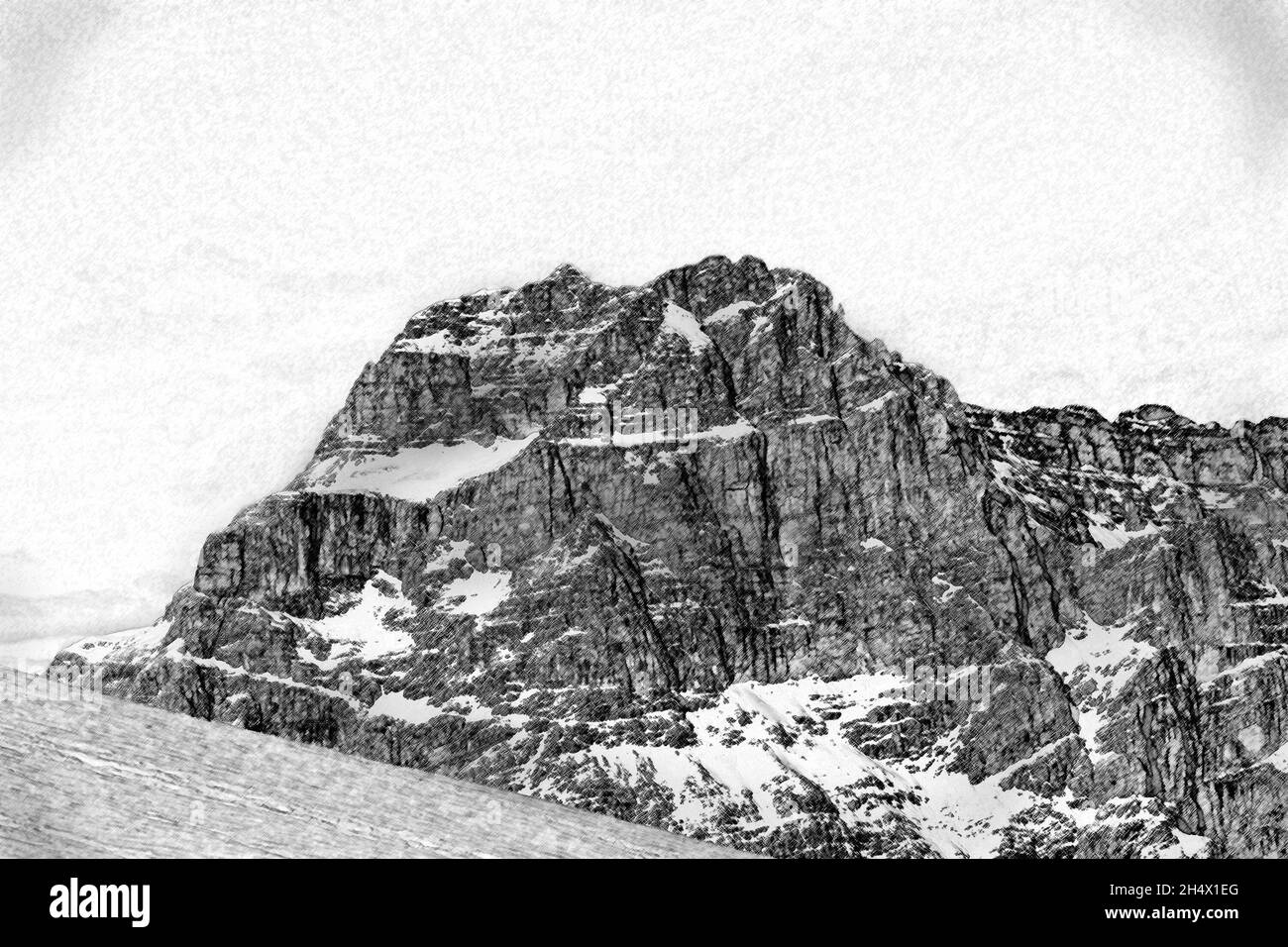 Illustration with charcoal technique of awesome dolomite peaks Stock Photo