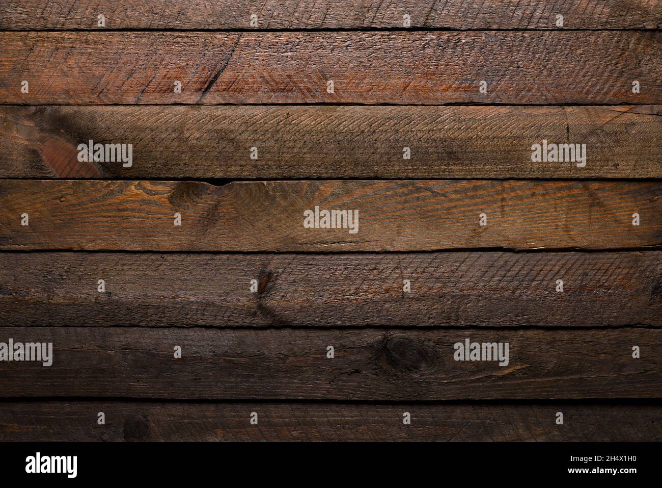 Rustic wooden table background made from old planks, top view. Stock Photo