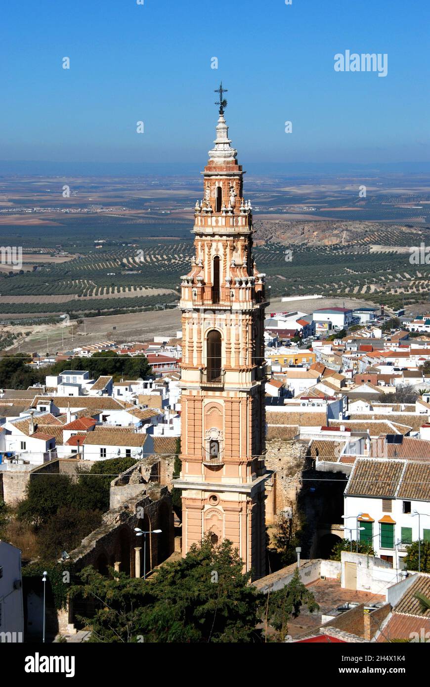 Victoria tower (Torre de la Victoria) with views over rooftops towards the countryside, Estepa, Spain. Stock Photo