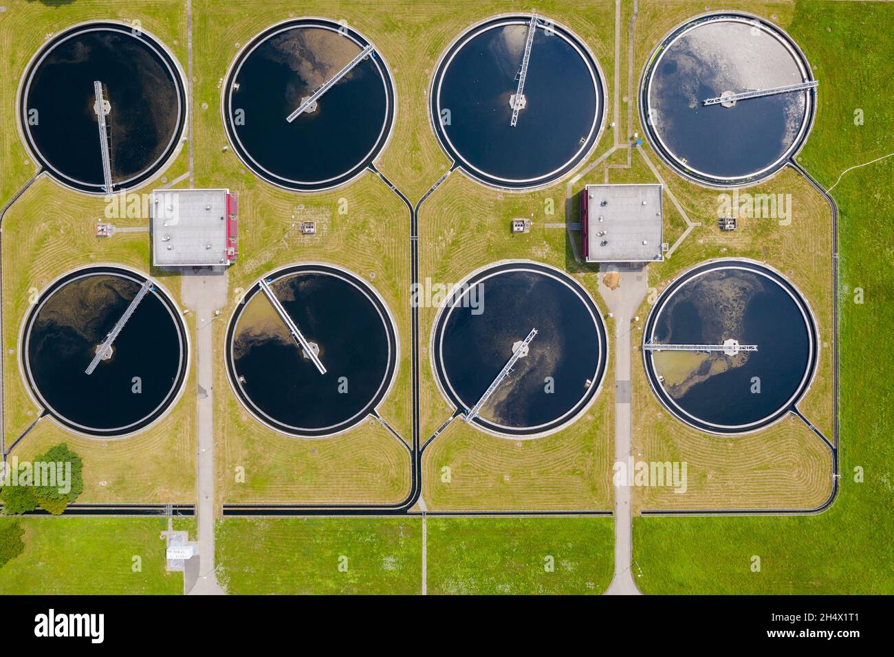 Sewage wastewater water purification treatment plant, aerial view Stock Photo