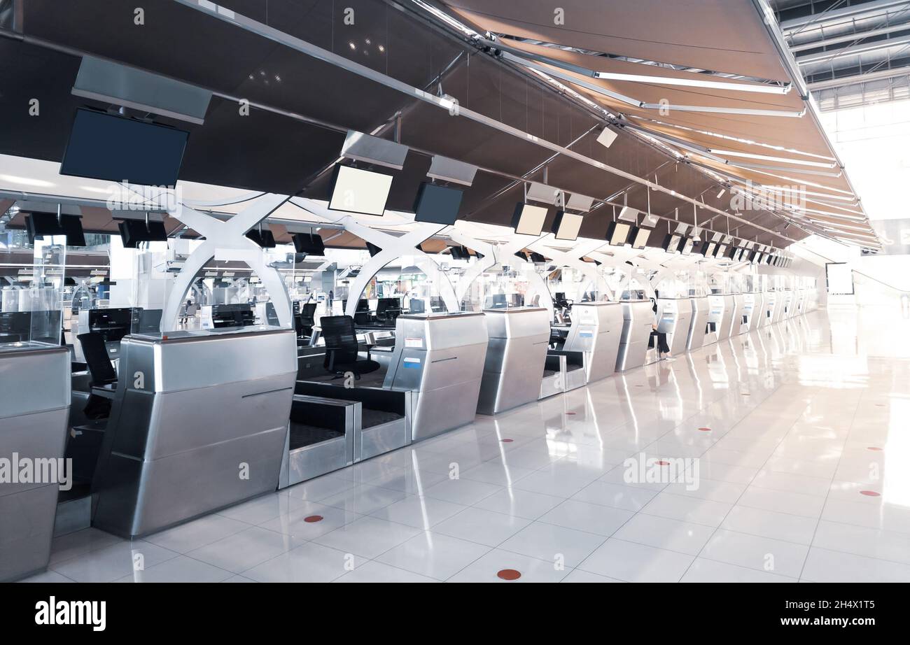 Empty airline checkin counter at airport due to Covid19 travel restrictions Stock Photo Alamy