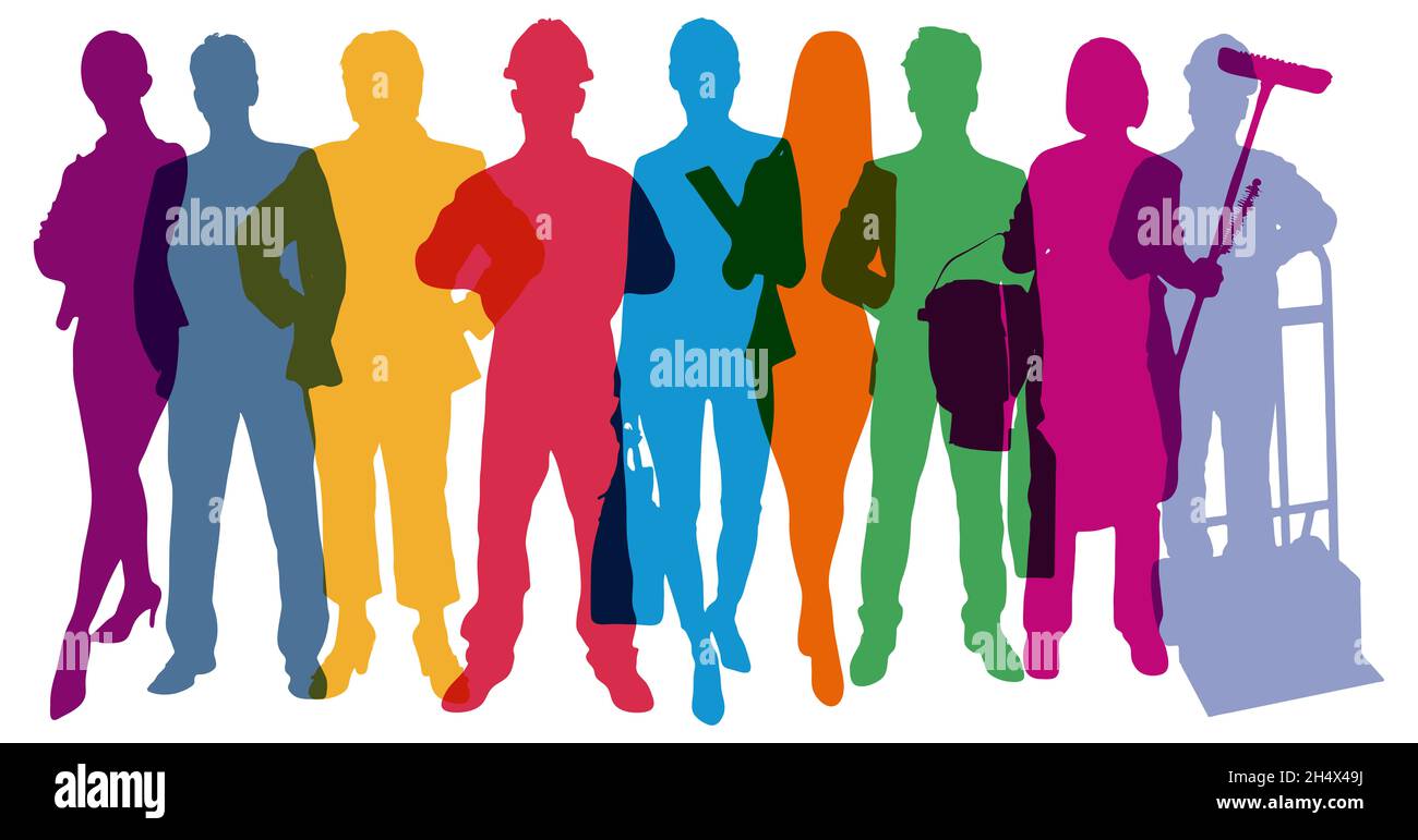 Silhouettes of people from different professions stand together as a labor market concept Stock Photo
