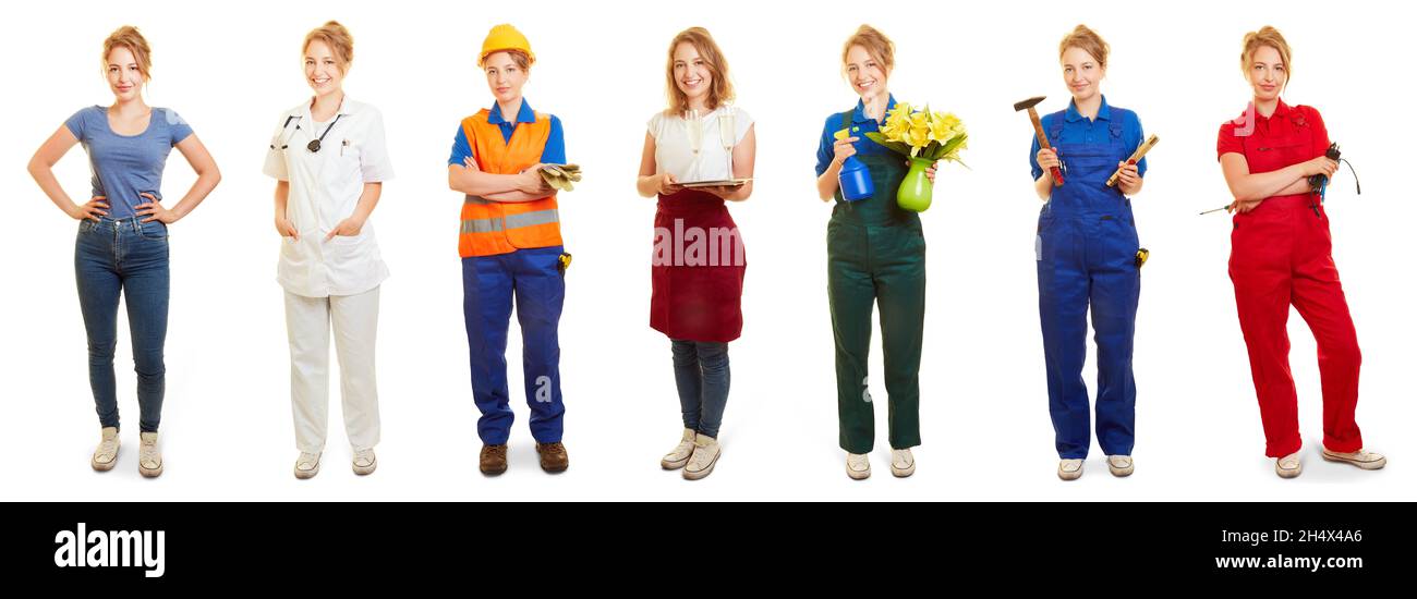 Young woman in different professions as a career and training concept Stock Photo