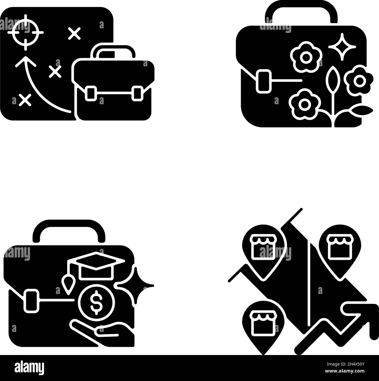 Business development black glyph icons set on white space Stock Vector