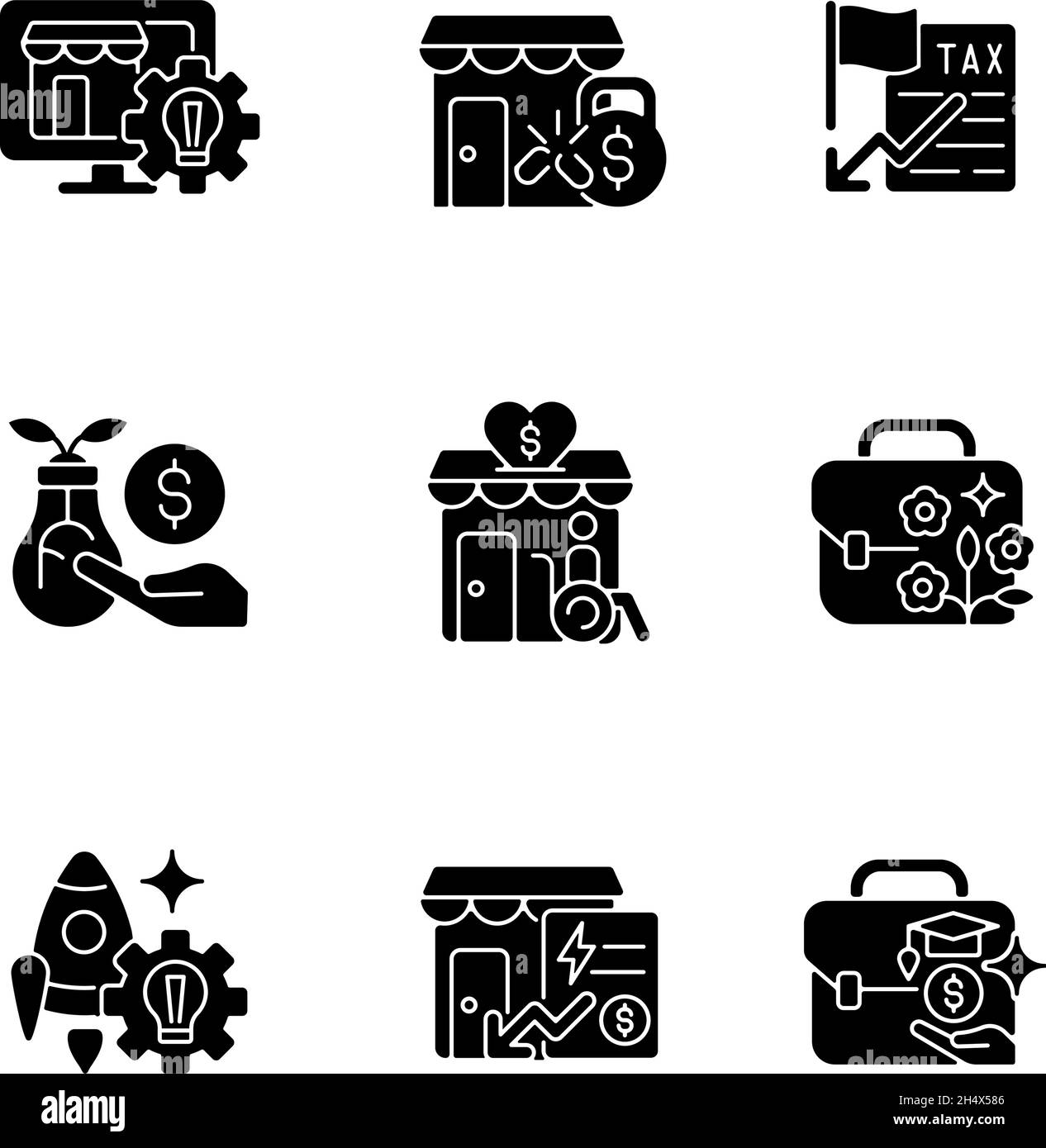 Small business development support black glyph icons set on white space Stock Vector