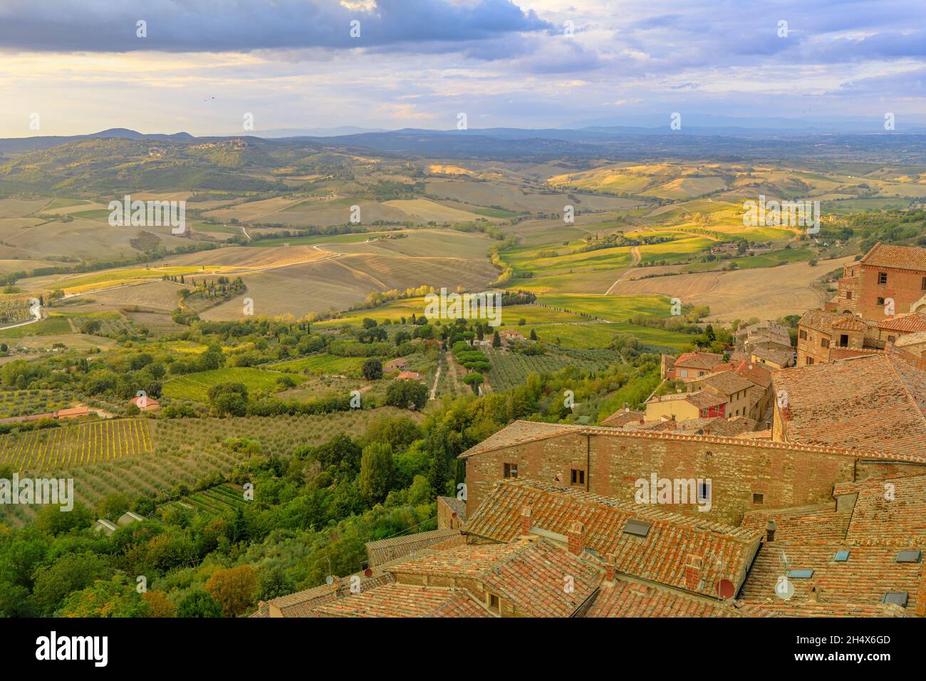Panoramic landscape of terraced vineyards on rooftop in Tuscany winegrowing Montepulciano town in Italian countryside and Tuscan vineyards of Italy Stock Photo