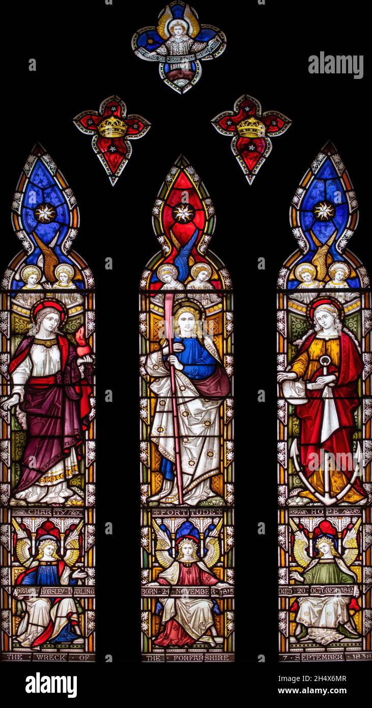 The Grace Darling Memorial window in St Aidan's church, Bamburgh, Northumberland, UK Stock Photo