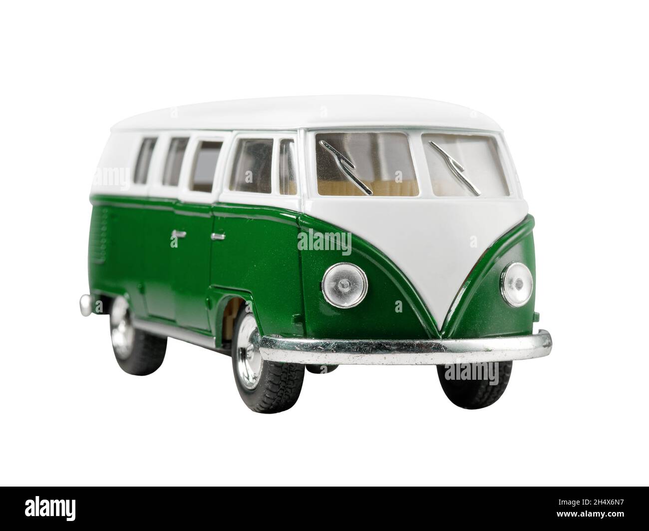 Close up of green mini van toy isolated vintage perspective view Stock Photo