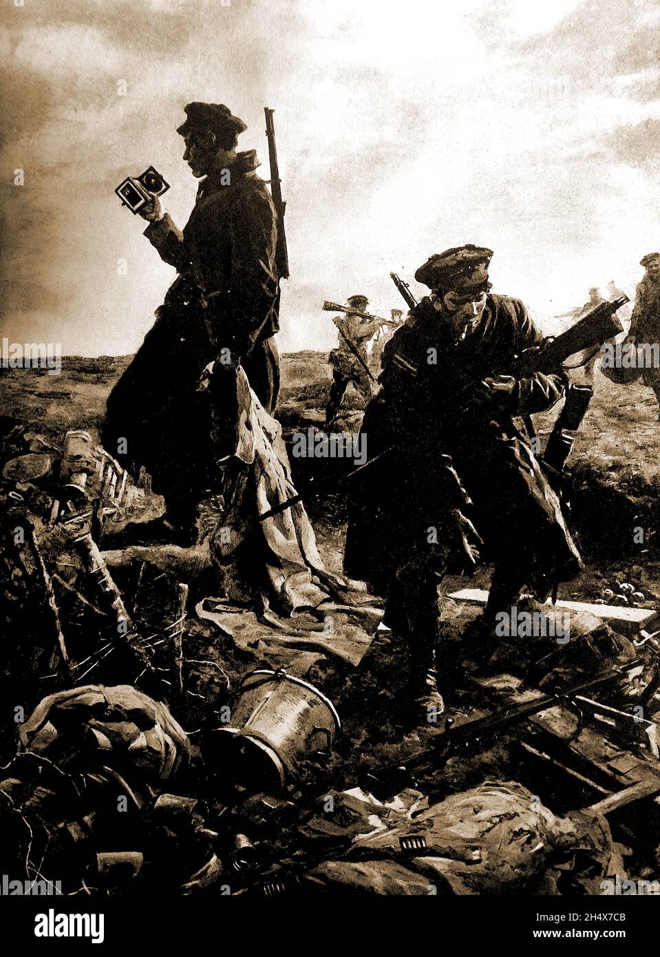 WWI - British soldiers sort through debris after a successful attack on the enemy. Stock Photo