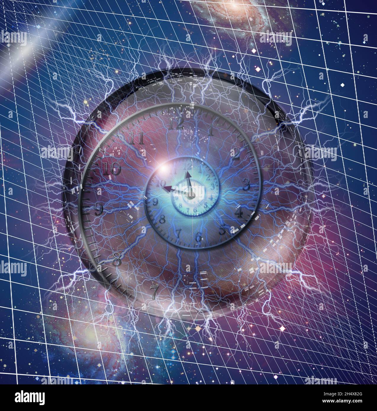Spiral clock on abstract grid. 3D rendering. Stock Photo