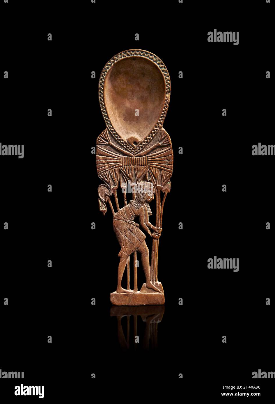 Ancient Egyptian wood carved cosmetic spoon of a young girl collecting lotus leaves , 1550-1353 BC, New Empire . Louvre Museum N1750 or Salt no 591. Stock Photo