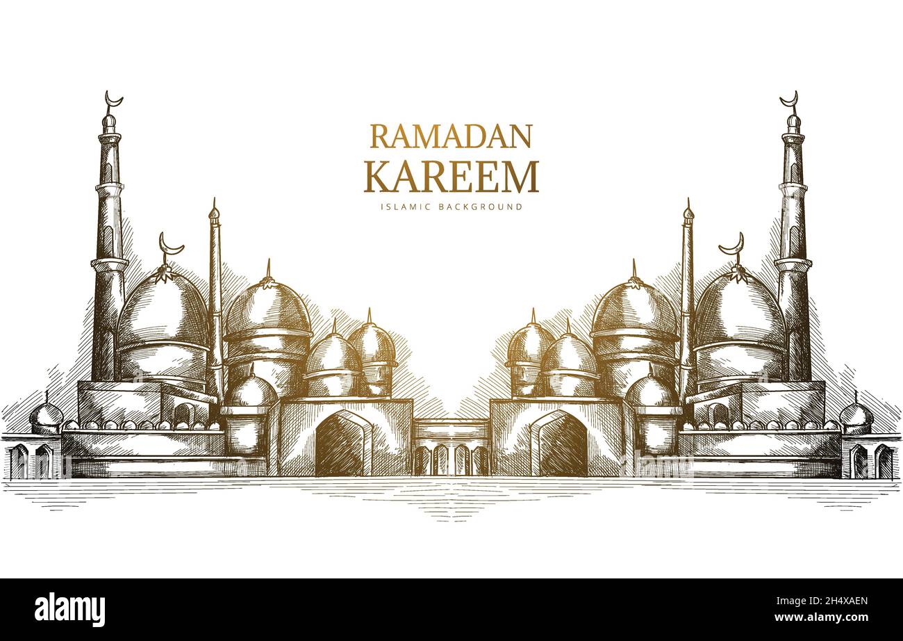 Hand drawn ramadan kareem and mosque sketch background Stock Vector