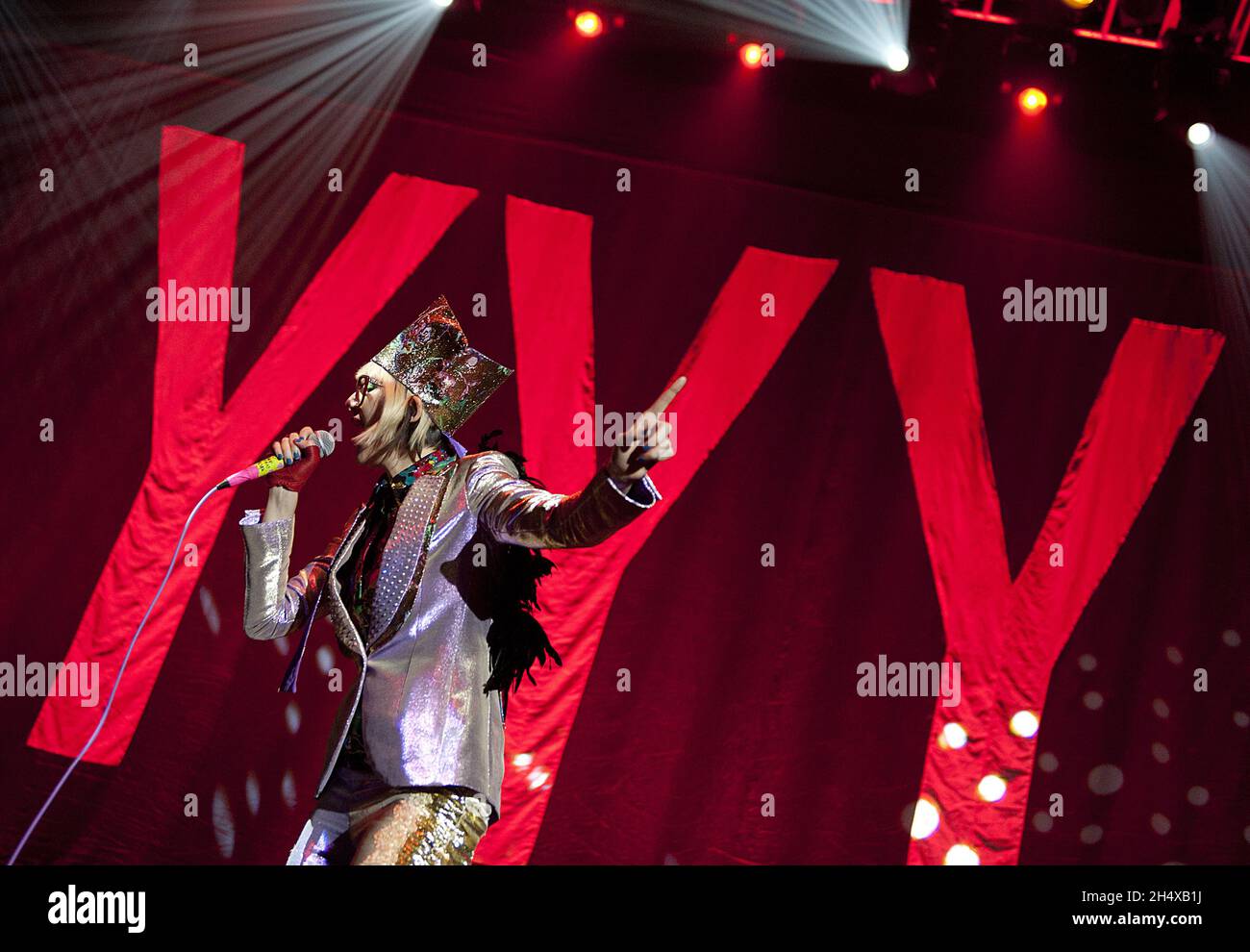 Karen O of the Yeah Yeah Yeahs performs on stage at the ATP Festival, Alexandra Palace, London. Stock Photo