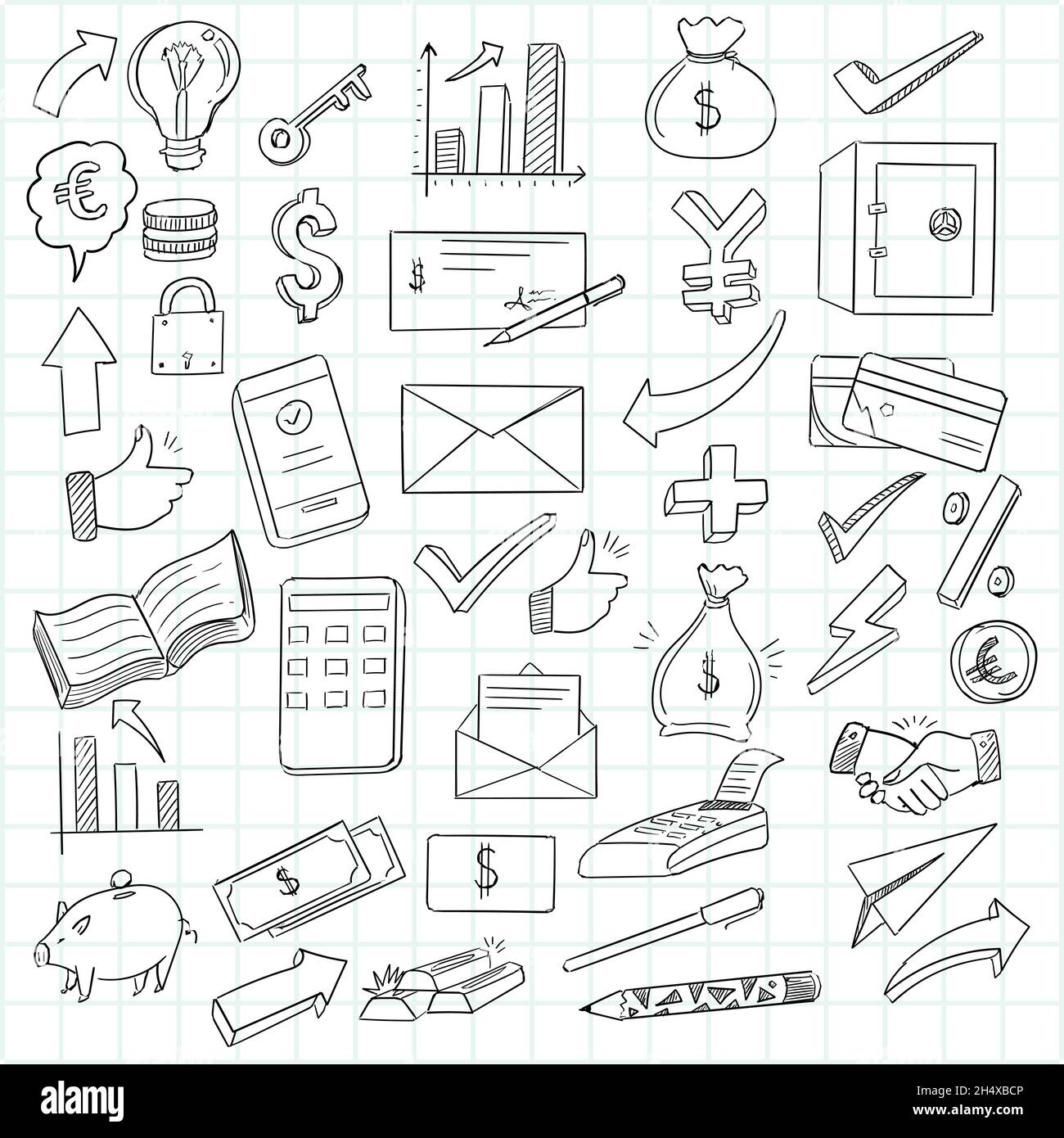 Hand draw business doodle icon set design Stock Vector