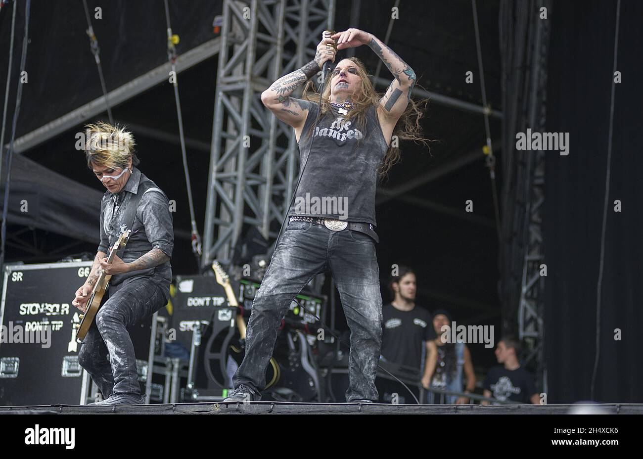 Bradley James 'Dez' Fafara and Miguel RascÃ³n of Coal Chamber performing live at Download Festival in Donnington Park, Leicestershire. Stock Photo