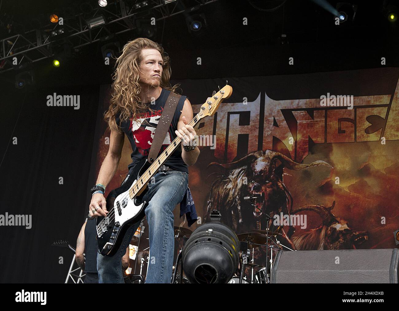 Damien Sisson of Death Angel perform on stage on Day 2 at Bloodstock Open Air Festival 2013 at Catton Hall on August 10, 2013. Stock Photo