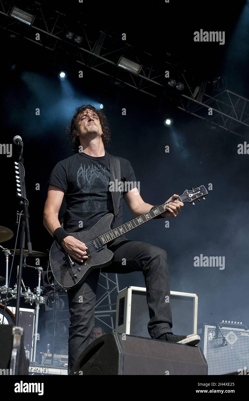 Joe Duplantier of Gojira performs on stage on Day 2 at Bloodstock Open Air Festival 2013 at Catton Hall on August 10, 2013. Stock Photo