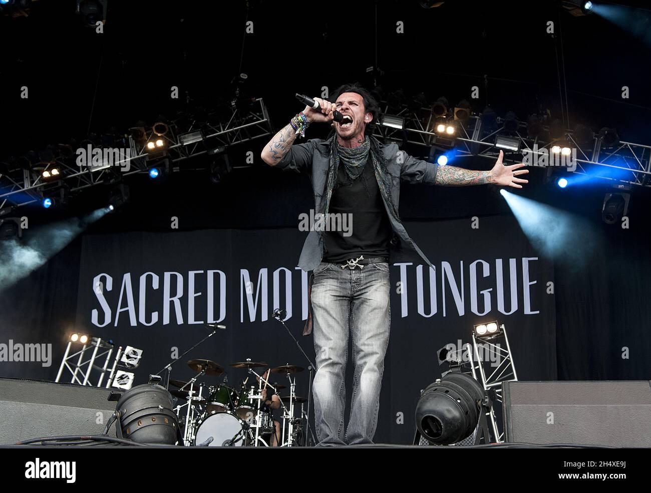 Darrin South of Sacred Mother Tongue performs on stage on Day 3 at Bloodstock Open Air Festival 2013 at Catton Hall on August 11, 2013. Stock Photo