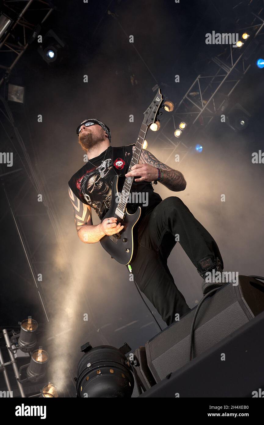 Craig Daws of Sacred Mother Tongue performs on stage on Day 3 at Bloodstock Open Air Festival 2013 at Catton Hall on August 11, 2013. Stock Photo