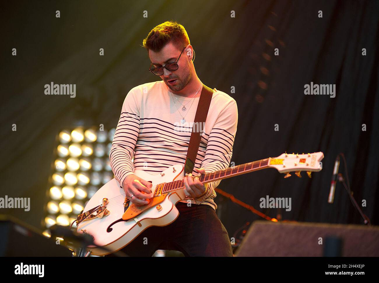 Liam Fray of The Courteeners perform on day 2 of the V Festival at Hylands Park on August 18, 2013 in Weston Park, England. Stock Photo