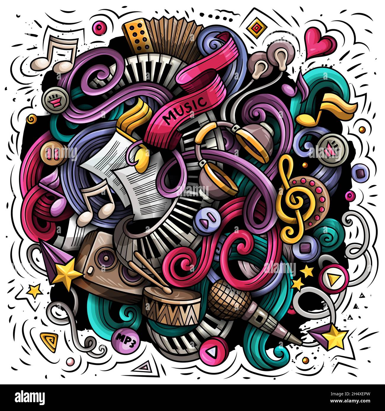 Music hand drawn vector doodles illustration. Musical poster design. Sound  elements and objects cartoon background. Bright colors funny picture. All i  Stock Vector Image & Art - Alamy