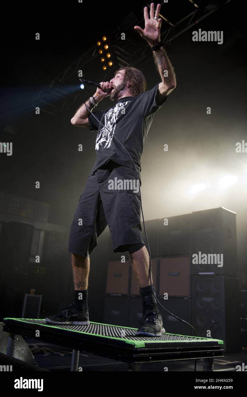 Randy Blythe of Lamb Of God performing live on stage at the 02 Academy