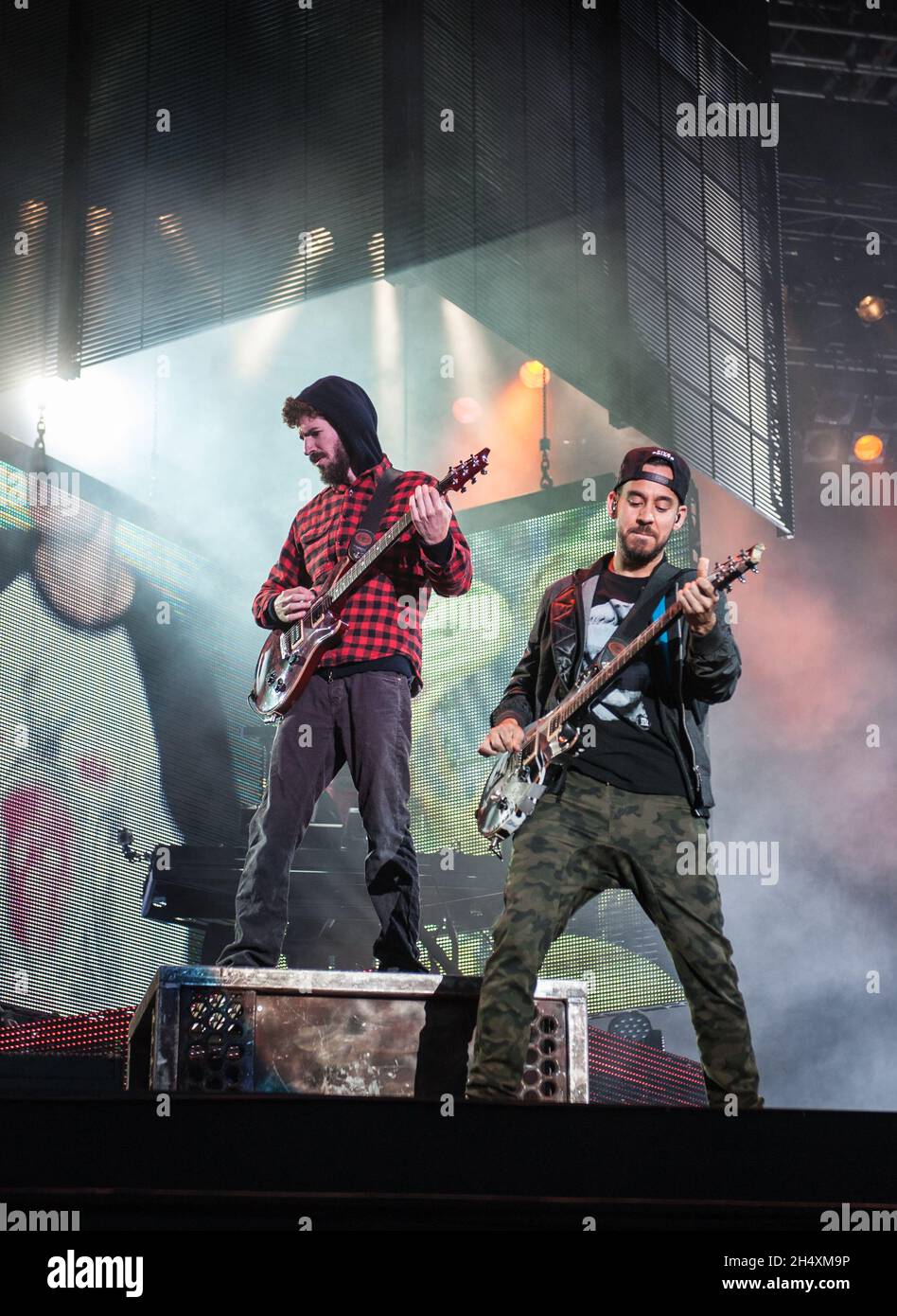 Mike Shinoda and Brad Delson of Linkin Park live on stage on day 2 at Download Festival on 14th June 2014 - Donington Park Stock Photo