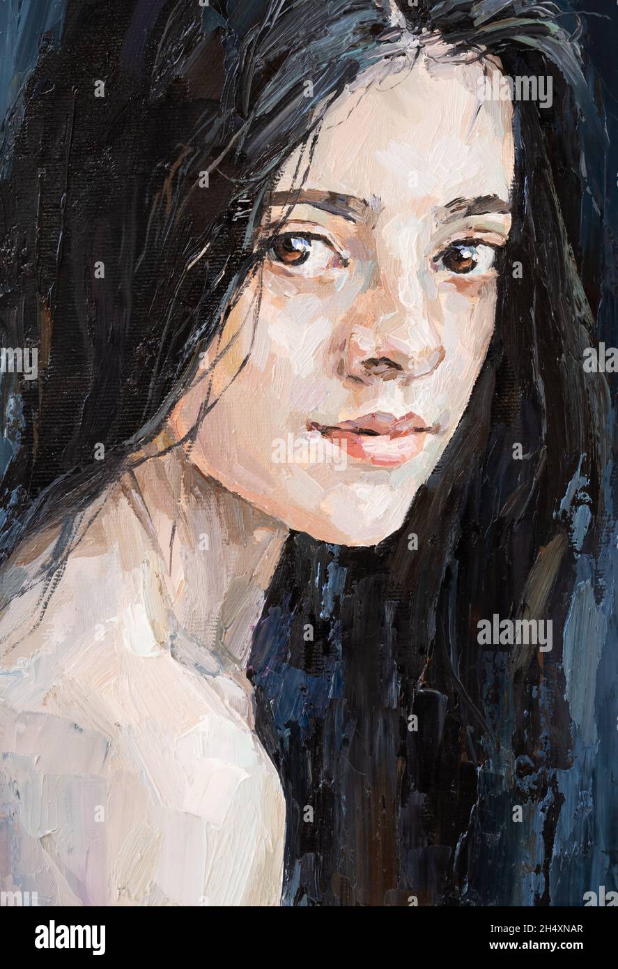 Portrait of a brunette girl. The background is dark blue Stock Photo ...