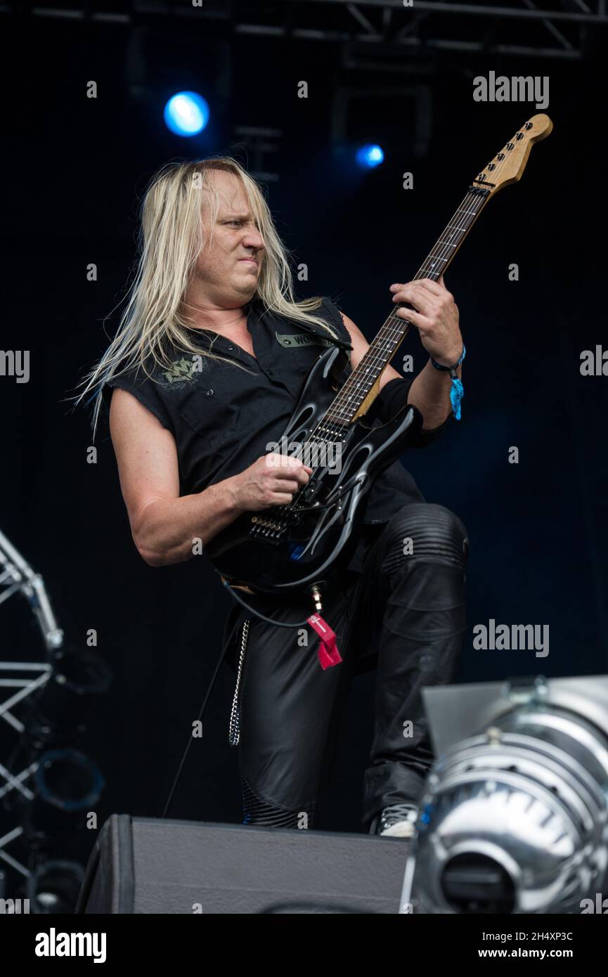 Steve Conley of Flotsam and Jetsam live on stage on day 1 of Bloodstock