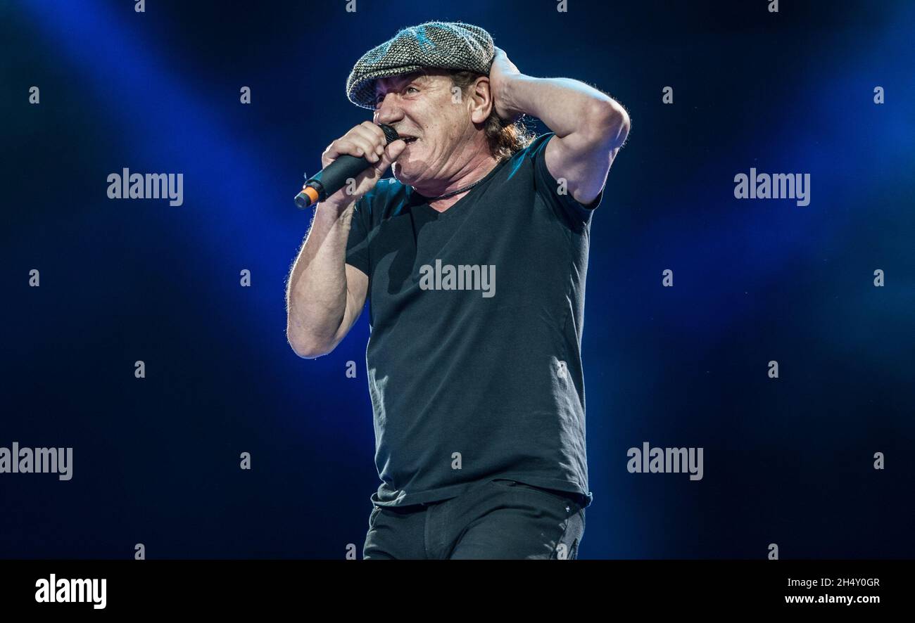 Brian Johnson of AC/DC performing live on stage at Wembley Stadium on July 04, 2015 in London, United Kingdom Stock Photo