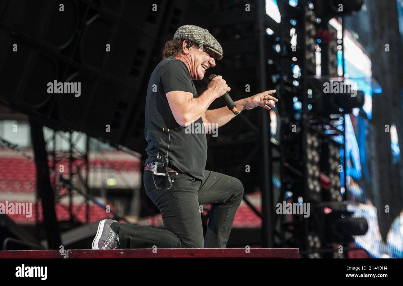 Brian Johnson of AC/DC performing live on stage at Wembley Stadium on ...