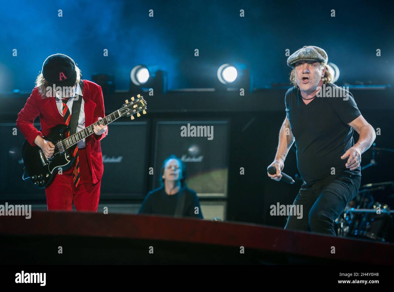 Angus Young and Brian Johnson of AC/DC performing live on stage at ...
