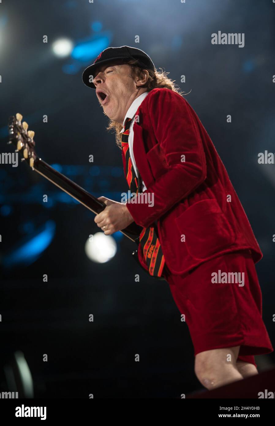 Angus Young of AC/DC performing live on stage at Wembley Stadium on July 04, 2015 in London, United Kingdom Stock Photo