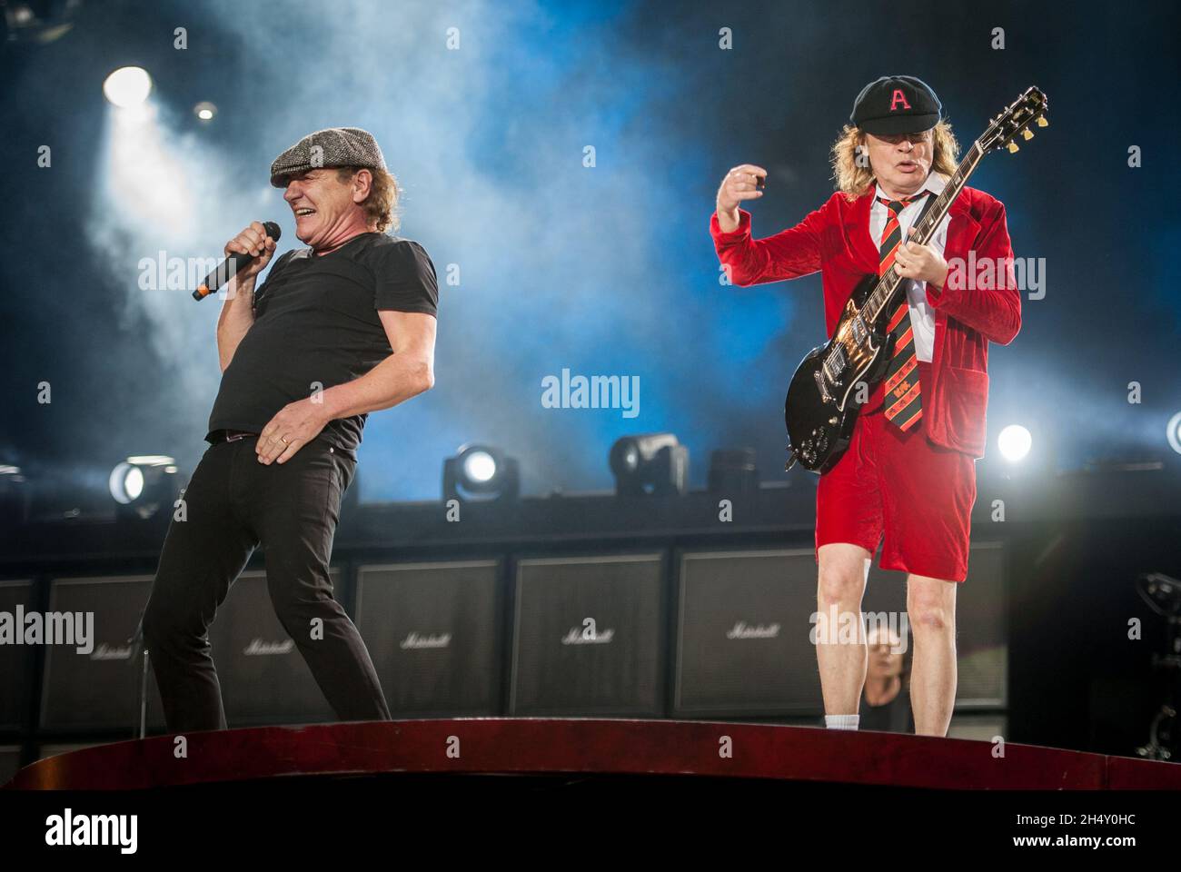 Angus Young and Brian Johnson of AC/DC performing live on stage at ...