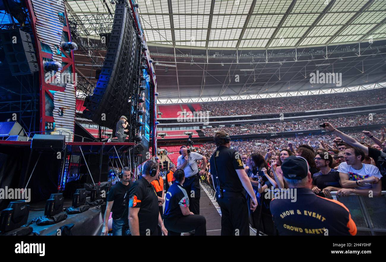 Brian Johnson of AC/DC performing live on stage at Wembley Stadium on July 04, 2015 in London, United Kingdom Stock Photo