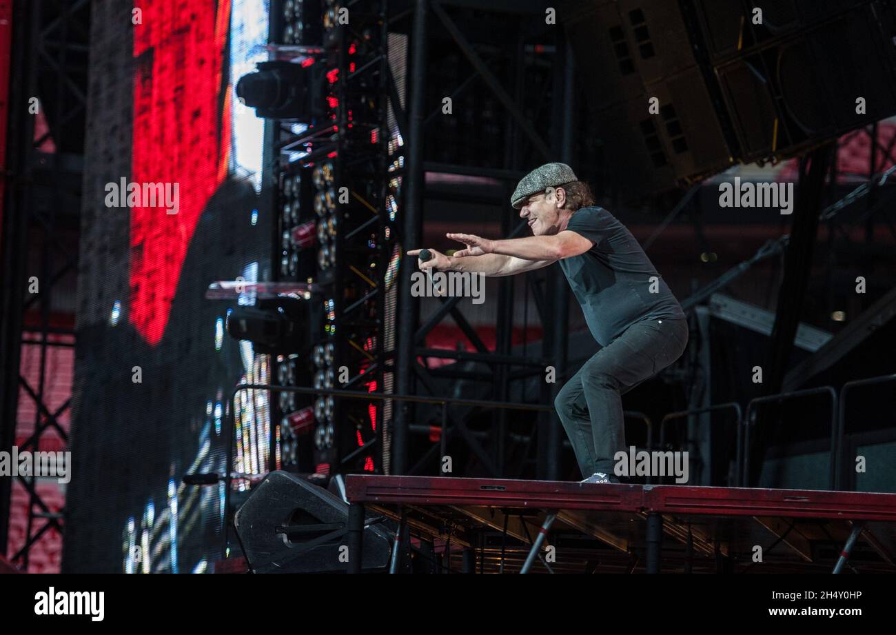 Brian Johnson of AC/DC performing live on stage at Wembley Stadium on July 04, 2015 in London, United Kingdom Stock Photo