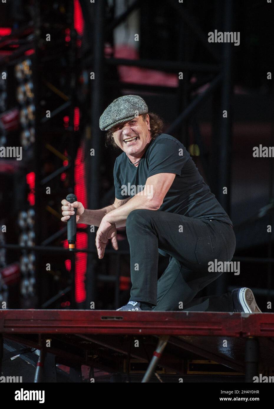 Brian Johnson of AC/DC performing live on stage at Wembley Stadium on ...