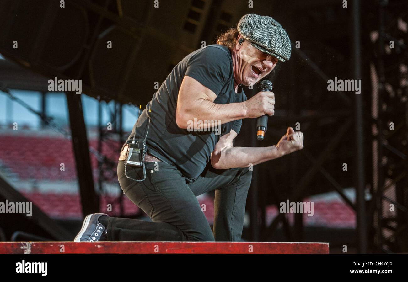 Brian Johnson of AC/DC performing live on stage at Wembley Stadium on ...