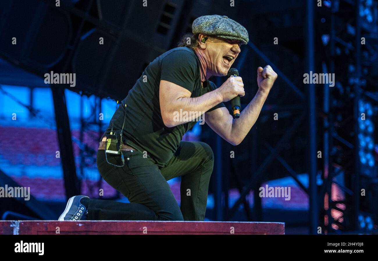 Brian Johnson of AC/DC performing live on stage at Wembley Stadium on ...