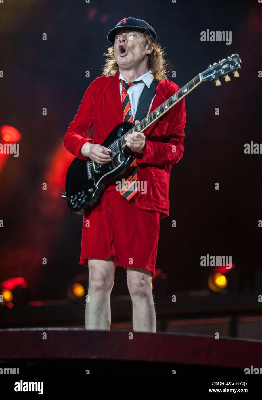 Angus Young of AC/DC performing live on stage at Wembley Stadium on ...