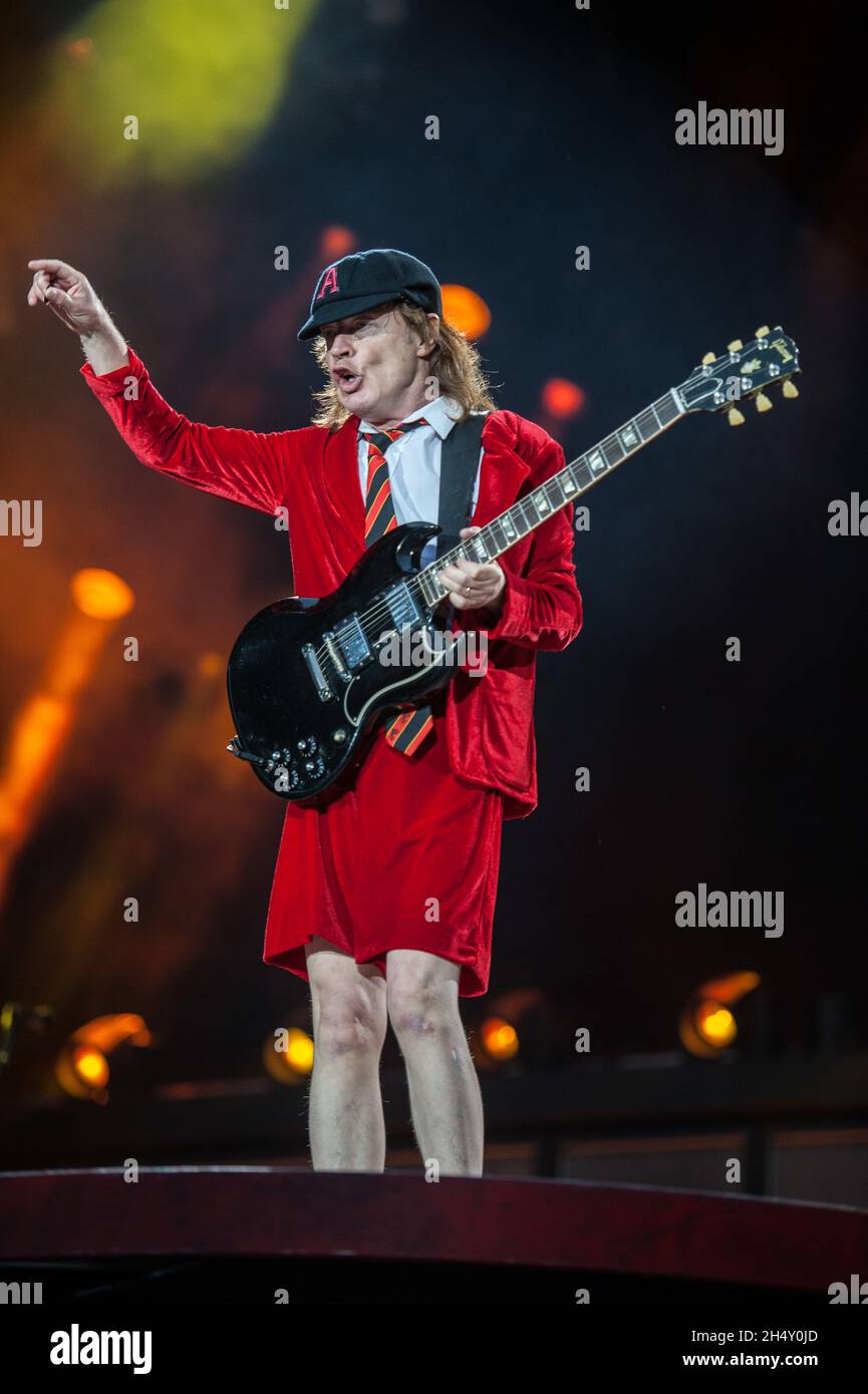 Angus Young of AC/DC performing live on stage at Wembley Stadium on July 04, 2015 in London, United Kingdom Stock Photo
