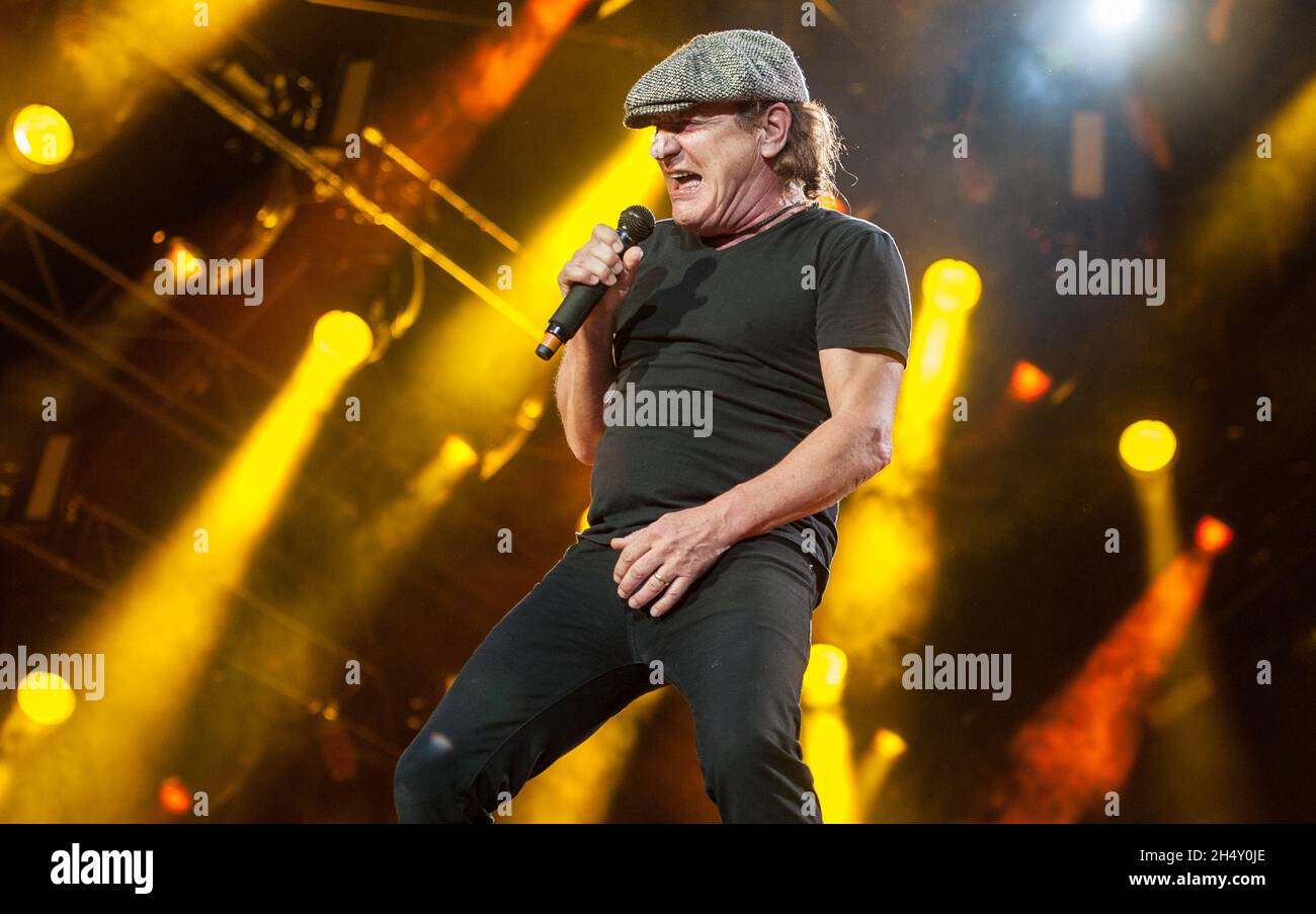 Brian Johnson of AC/DC performing live on stage at Wembley Stadium on ...