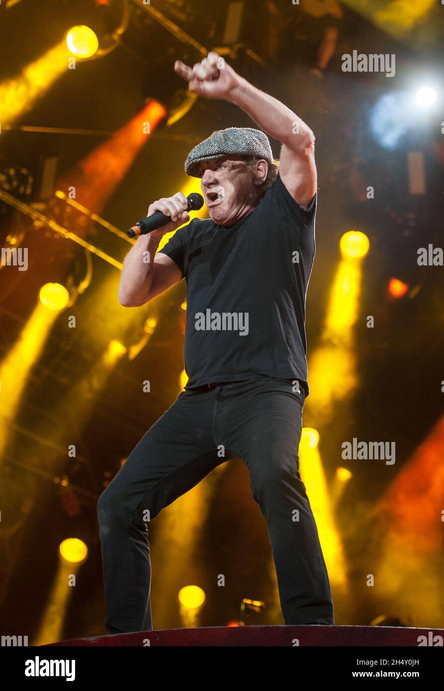 Brian Johnson of AC/DC performing live on stage at Wembley Stadium on July 04, 2015 in London, United Kingdom Stock Photo